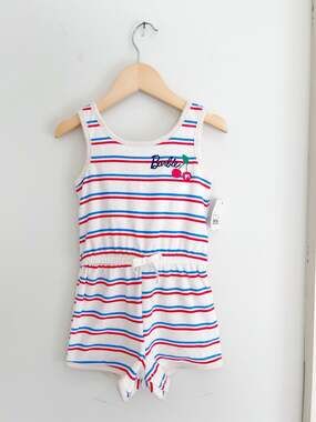 Toddler Girls' Barbie Americana Cherry Striped Terry Cloth Romper